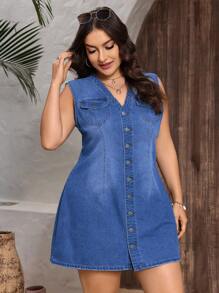 SHEIN CURVE+ Plus Size Women Non-Stretch Blue Denim Sleeveless Casual Dress