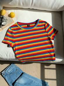 Comfortcana Colorful Striped Knitted Slim-Fit Women's T-Shirt