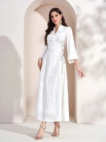 Women V-Neck Tie-Up Minimalist Arabic Style Dress - White - View 6
