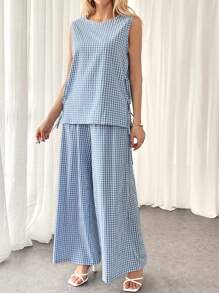 SHEIN Essnce Bộ áo vest kẻ sọc xanh trắng và quần dài thường ngày, thoáng khí, thấm mồ hôi, thấm hút mồ hôi, trang phục sân bay - Màu xanh lam - Xem 4