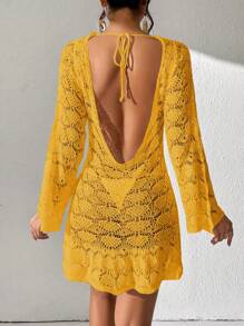 SHEIN Swim 假期游泳防曬針織鉸孔背心連荷葉邊詳細裝飾 - 黃色 - 查看 1