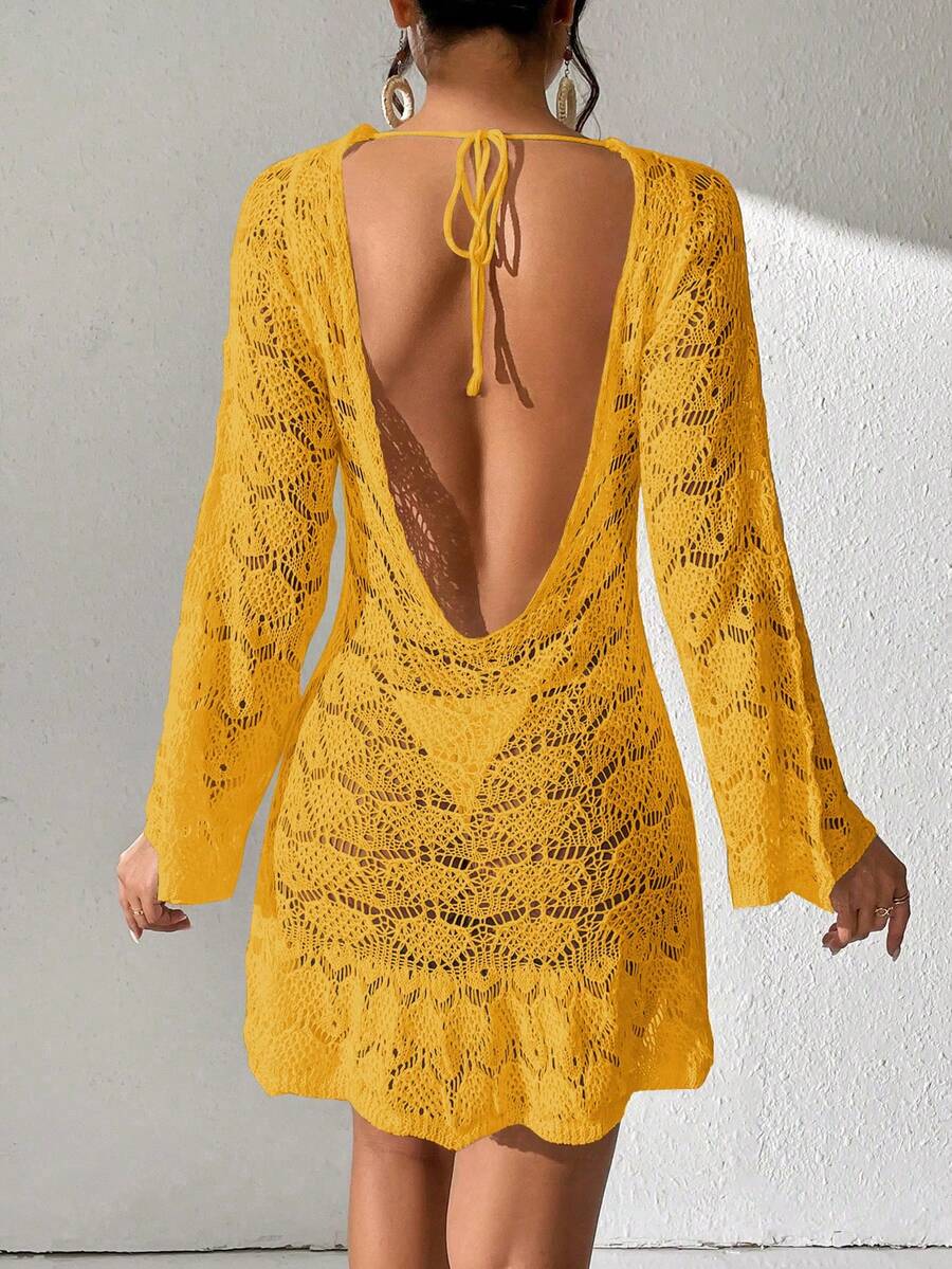 SHEIN Swim 假期游泳防曬針織鉸孔背心連荷葉邊詳細裝飾 - 黃色 - 查看 1