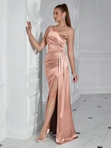 ADYCE One Shoulder Ruffle High Slit Long Party Dress With Flowing Ribbon Elegant Formal Evening Prom Wedding Guest Gown, For Graduation, Dinner - Dusty Pink - View 7