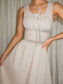 SHEIN Essnce Rochie lungă pentru femei cu talie strânsă și guler șal, colecție nouă de primăvară și toamnă, rochie hawaiană, rochii de vară pentru femei, rochie lejeră - Caisă - Vizualizare 5
