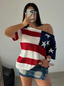 POPSWAY Plus Size Spring/Summer Fashionable Color-Block Asymmetrical Collar American Flag Pattern Batwing Sleeve Knitted Top