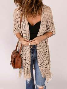 Acelitt Áo khoác kimono nữ mùa hè màu trơn, dệt rỗng, có tua rua ở viền, kiểu dáng thường ngày đi biển. - Màu be - Xem 4