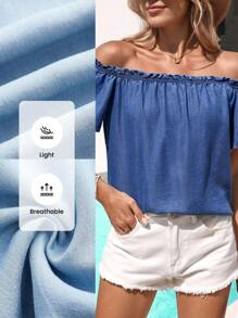 SHEIN VCAY Women's Short Denim Effect Off Shoulder Shirt For Summer Beach Vacation Casual Outfits