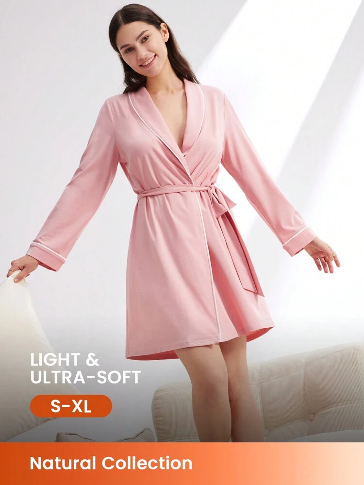 Vestaglia da donna in morbido cotone e modal, corta, con cintura, pigiama rosa da donna, camicia da notte da sposa, intimo, pigiama autunnale e primaverile, estivo