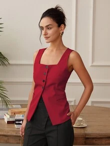 Women Short Sleeve Square Neck Button Slit Fitted Casual Loose Comfortable Camisole Tops, Old Money Crop Tops, Backless Business Casual Tops, Spring/Summer - Burgundy - View 3