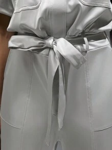 Hauture Solid Belted PU Leather Shirt Jumpsuit With Short Sleeve, For Summer Commute