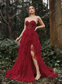 Faeriesty Mesh Overlay Hem Split Thigh Tube Formal Dress Party Dress Wedding Guest Dress Evening Dress,Gown