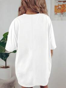 Flirla Plus Size Summer Casual English Printed T-Shirt Dress - White - View 2