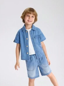 SHEIN Young Boy Casual Basic Midsky Blue Washed Watermark Design Flat Pocket Short Sleeve Denim Jacket & Drawstring Denim Shorts Set - Medium Wash - View 7