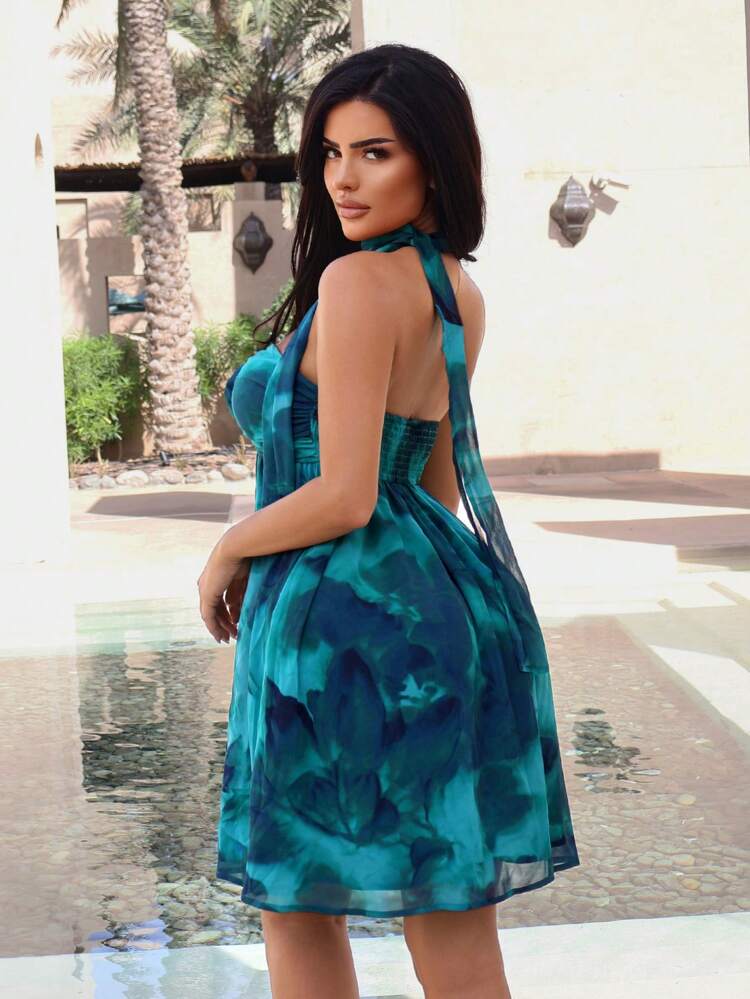 Goddess Summer Holiday Tie-Dye Printed 3D Flower Decoration Sexy Beach Strapless Dress
