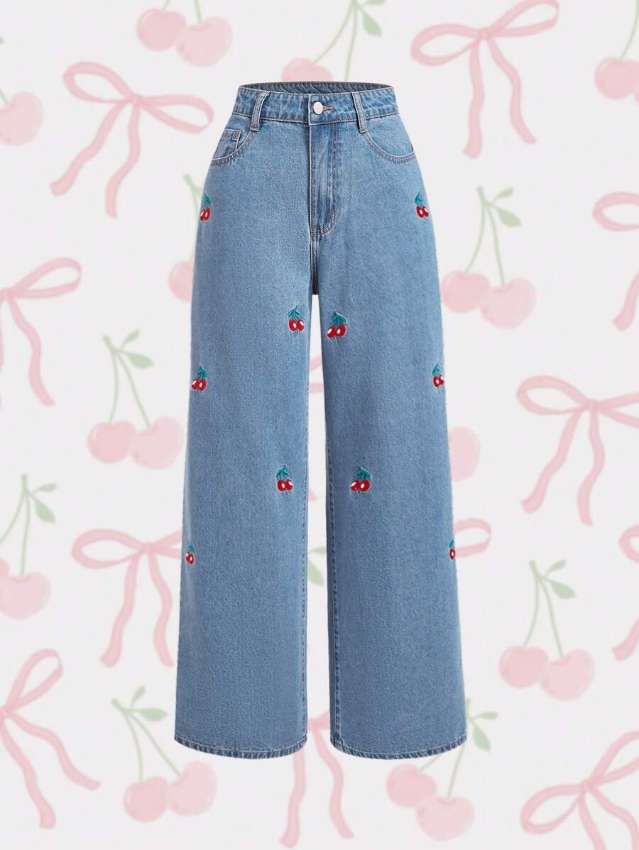 SHEIN MOD Quần jean ống đứng thêu hoa anh đào cho nữ, quần thường ngày có túi - Rửa nhẹ - Xem 1