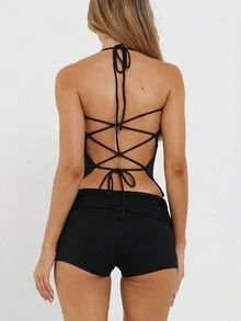 Top sin espalda de estilo casual de calle para mujer con detalle de lazo, negro, para verano - Negro - Ver 4