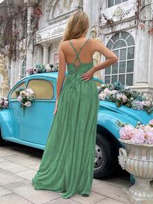 Women's Shiny Camisole Design Bridesmaid Wedding Guest Formal Dress, Cocktail Party Evening Gown, Lightweight & Flowing For Spring/Summer Graduation Prom - Mint Green - View 3