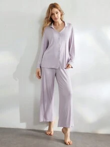 Ocili Ocili Conjunto de ropa de estar por casa de top de manga larga abotonado y pantalones, simple y cómodo, para temporada de vacaciones