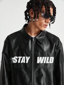 Manfinity RebelGame Men's Leather Printed English Pattern Jacket, For Fall Winter - Black - View 2