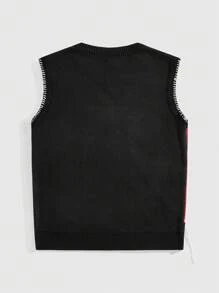 ROMWE MEN Men's Sleeveless Heart Patterned Simple Casual Sweater - Black - View 6