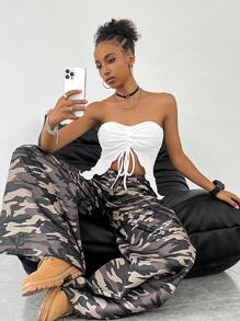 Coolane 女士Y2K音乐节针织蝴蝶结开衩露肩修身文胸上衣 - 白色 - 查看 8