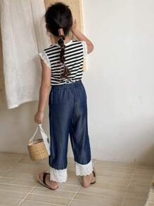 SHEIN Young Girl Casual Blue Striped Knit Top With Lace Sleeves And Blue Pants With Lace Hem, 2pcs/Set, Suitable For Vacation And Outings - Multicolor - View 5
