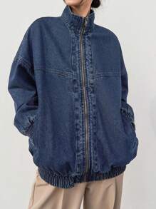 DAZY Drop Shoulder Zip Up Denim Jacket - Dark Wash - View 9