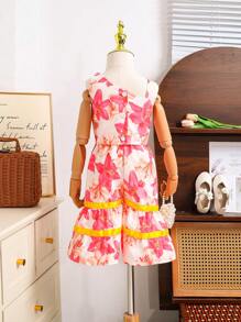 新復古風格嬰兒女夏季套裝: 粉色花卉數字印花無袖上衣和編織圖案數字印花優雅喇叭褲套裝，輕盈舒適