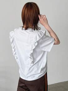 FRIFUL Ladies' Summer Round Neck Short Sleeve T-Shirt With Frill Edging And Letter Print,Ruffle Cute Tops,Graphic Tees