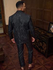 Manfinity Mode Men's Fashion Jacquard Weave Suit Jacket And Trousers Set - Black - View 2