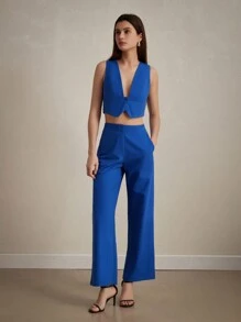 Aveloria Modichic Conjunto de traje de mujer con chaleco de trabajo sencillo, top entallado con cuello en V profundo y pantalones a Set para el trabajo diario
