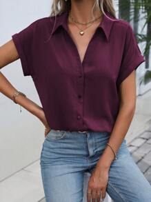 EMERY ROSE Women's Single-Button Batwing Sleeve Casual Shirt, Summer,Short Sleeve Tops