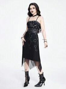 ROMWE Goth Sexy Women's Gothic Vampire Sequin Embroidery Asymmetrical Hem Party Cami Dress