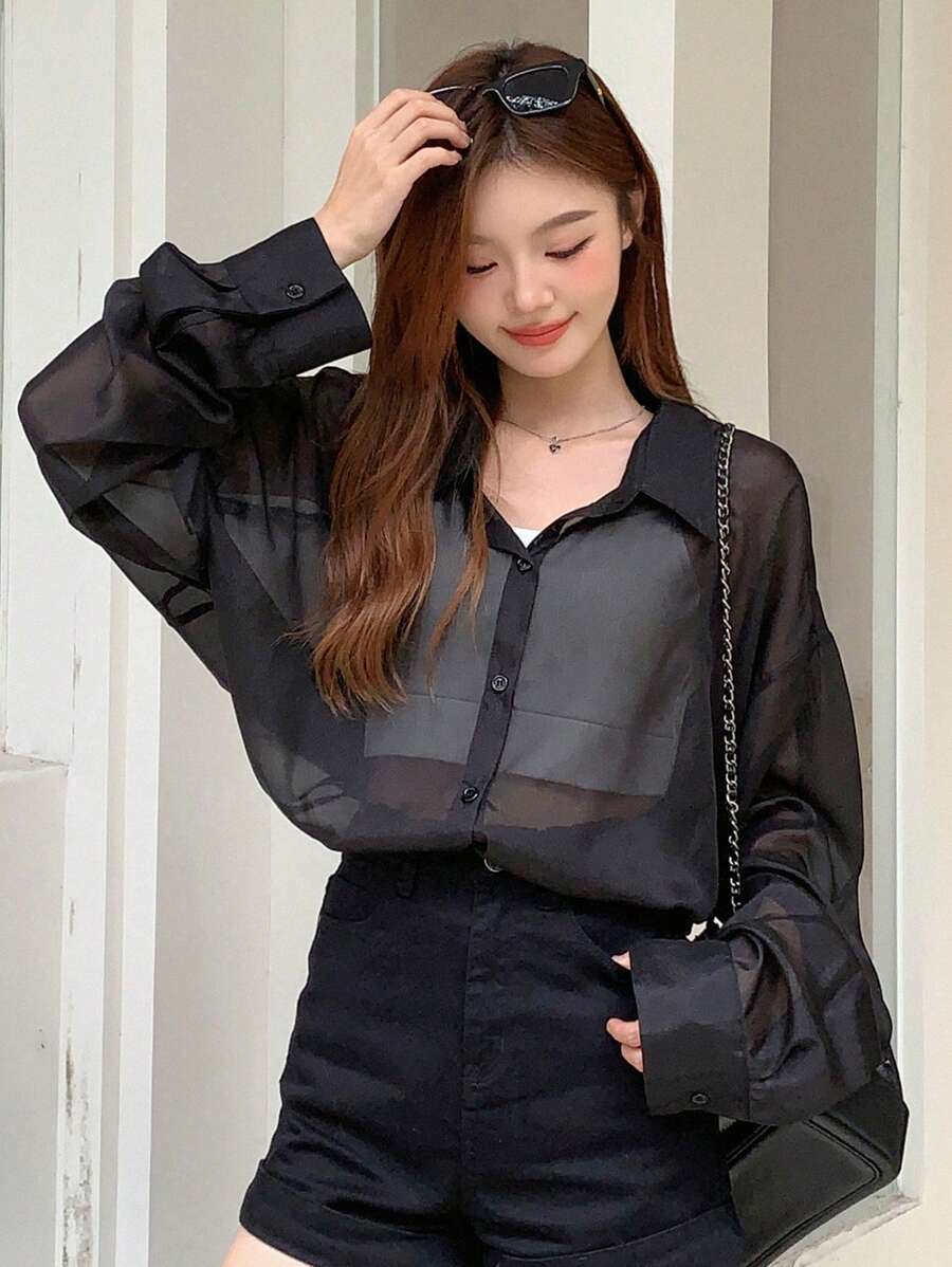 DAZY Áo chống nắng tay dài màu trơn cho nữ, mùa hè, áo dài tay mỏng, quần áo nữ mùa thu - màu đen - Xem 1