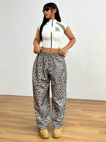 SHEIN EZwear Plus Size Women's Fall Classic Rock Distressed Leopard Print Woven Twill Pants For Back-To-School Season - Multicolor - View 4