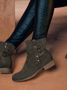 Styleloop Botines Casuales Para Mujeres Con Tacón Grueso Y Diseño Slip-on De Moda - Verde militar - Ver 3