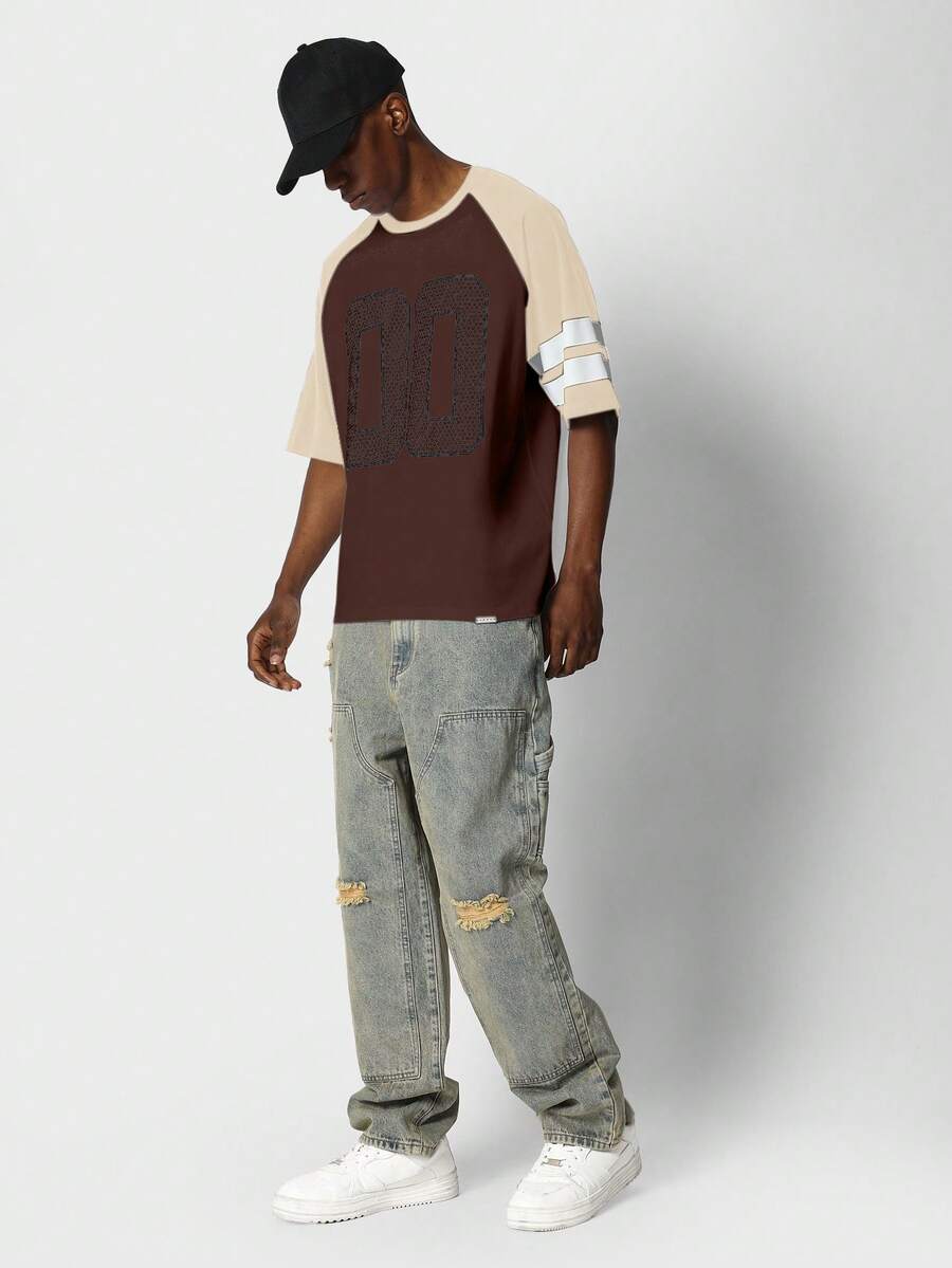 SUMWON 数字图形印花插肩 T 恤 - 卡其色 - 查看 1