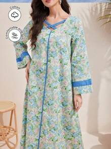 Al Najma فستان كفتان تركي مطبوع بالزهور والتقليدي العربي،، فستان عربي متواضع بأكمام طويلة بطراز عطلة