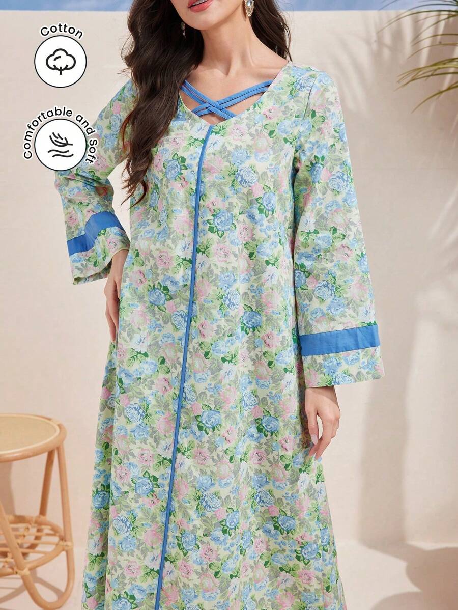 Al Najma فستان كفتان تركي مطبوع بالزهور والتقليدي العربي،، فستان عربي متواضع بأكمام طويلة بطراز عطلة