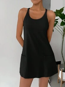 SHEIN EZwear 女性簡單純色日常穿著細肩帶連身裙 - 黑色 - 查看 3