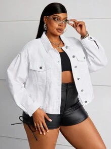 SHEIN SXY Plus Size Washed White Denim Jacket - White - View 4