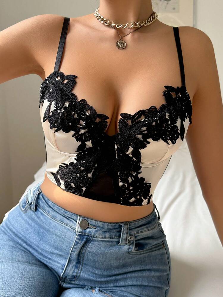 Women's Contrast Lace Cropped Camisole Sexy Bralette