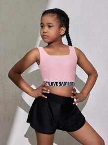 SHEIN Tween Girl Casual Solid Color Simple Letter Printed Tank Top And Pants Two-Piece Athletic Outfit