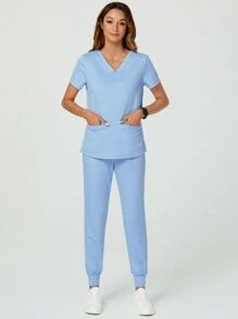 TaskEZ 女士護士制服夏季藍色護士制服兩件套裝，2個口袋短袖頂部，彈性腰帶束繩適合跑步休閒褲
