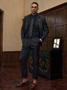 Manfinity Mode Men's Fashion Jacquard Weave Suit Jacket And Trousers Set - Black - View 3