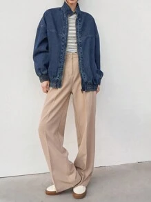 DAZY Drop Shoulder Zip Up Denim Jacket - Dark Wash - View 6