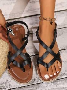 Women's Thick-Soled Crossed Strap Espadrilles, Straw Rope Beach Sandals For Vacation - Black - View 2