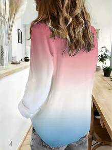 Women's Ombre Color Casual Long Sleeve Loose Soft Collar Blouse