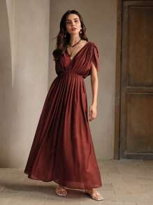 Anewsta Classic & Romantic Women's V-Neck Pleated Waist Dress With Linen Fabric Maxi Women Outfit