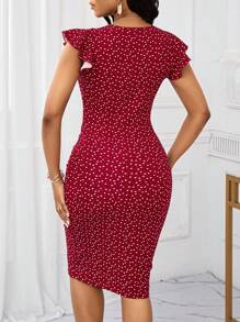 SHEIN Lady 圣诞派对礼服办公室连衣裙红色太阳心印花褶饰荷叶边连衣裙 - 紅色 - 查看 2